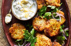 Turkish fish cakes with preserved lemon yogurt