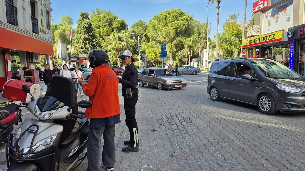 Traffic Officers Inspect Helmets in Fethiye