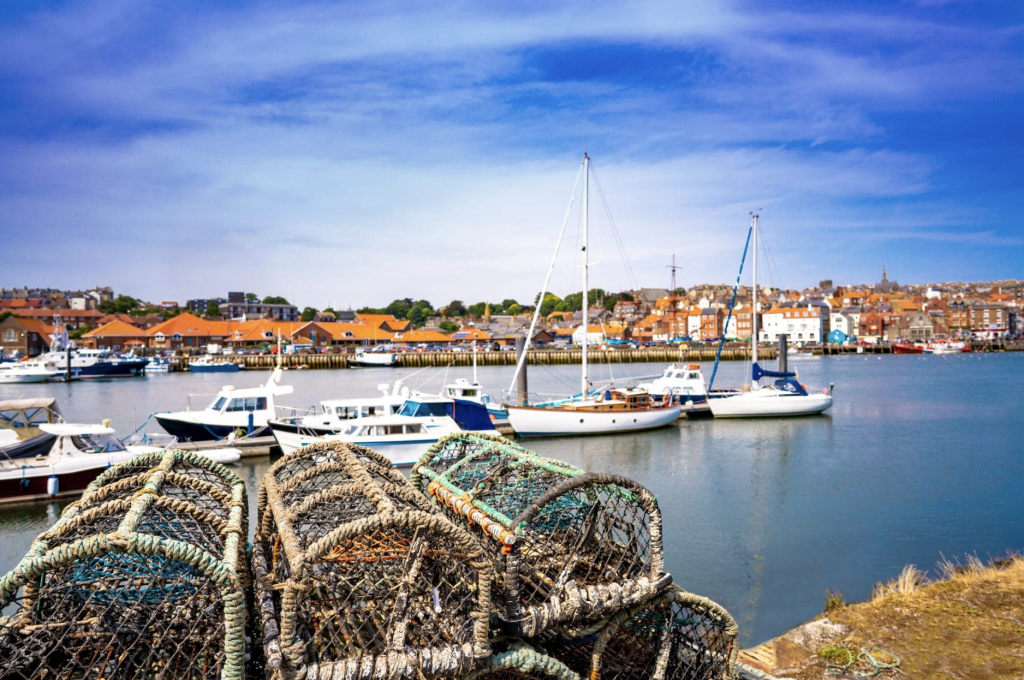 Whitby skyline and river Esk with lobster pots